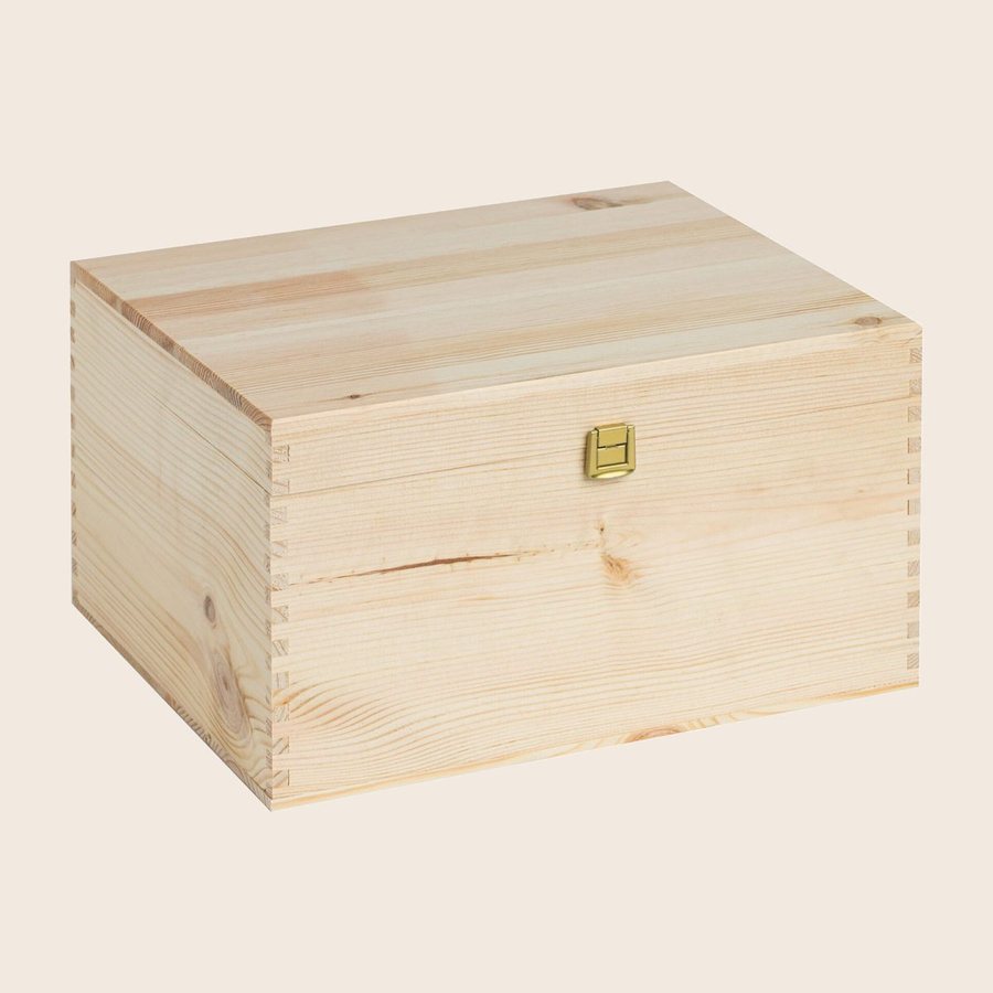 Cassetta di legno con coperchio e chiusura in ottone